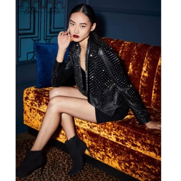 Alice and Olivia “Harvey Silver Studded Black Leather Jacket” - Picture 3 of 12